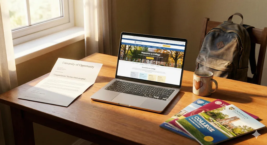 A laptop, college brochures, and an acceptance letter on a desk by a sunny window