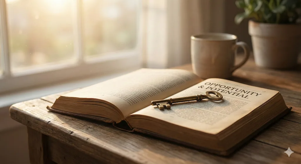 An antique key resting on an open book