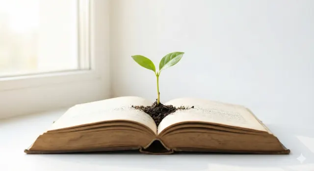 A green seedling growing from the pages of an open book