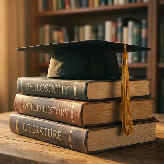 A graduation cap on a stack of books titled Philosophy, World History, and Literature