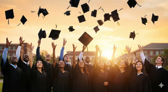 Graduates tossing their caps into a golden sunset sky