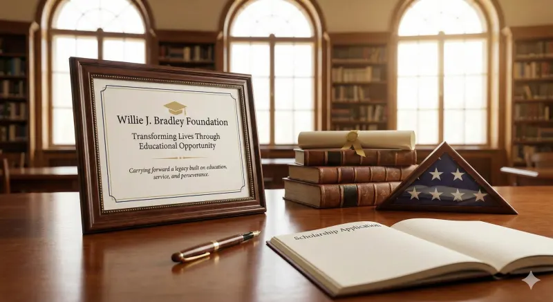 A framed Willie J. Bradley Foundation plaque on a library table beside a folded flag, stacked books, and an open scholarship application
