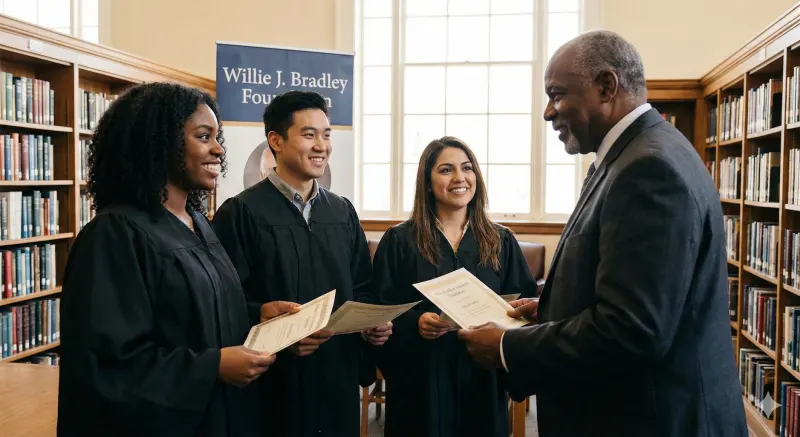 Graduates in gowns receiving certificates in front of a Willie J. Bradley Foundation banner